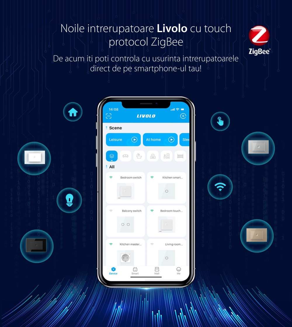 Intrerupator simplu cu touch Livolo cu rama din sticla, protocol ZigBee, standard Italian – Serie noua