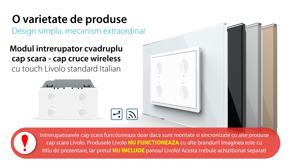 Modul intrerupator cvadruplu cap scara / cap cruce wireless cu touch Livolo standard Italian, Serie noua
