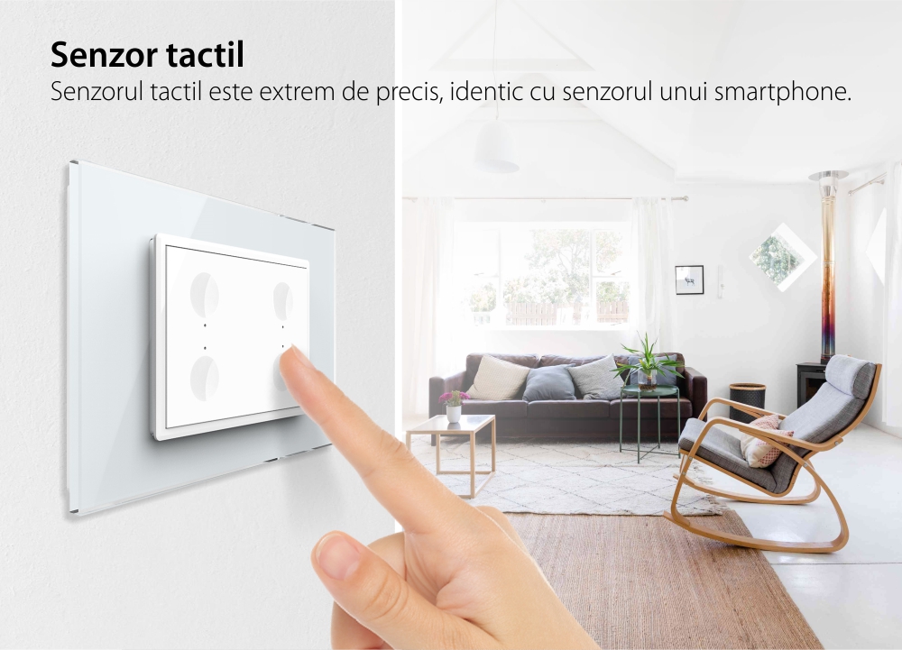 Intrerupator cvadruplu wireless cu touch Livolo cu rama din sticla, standard Italian – Serie noua