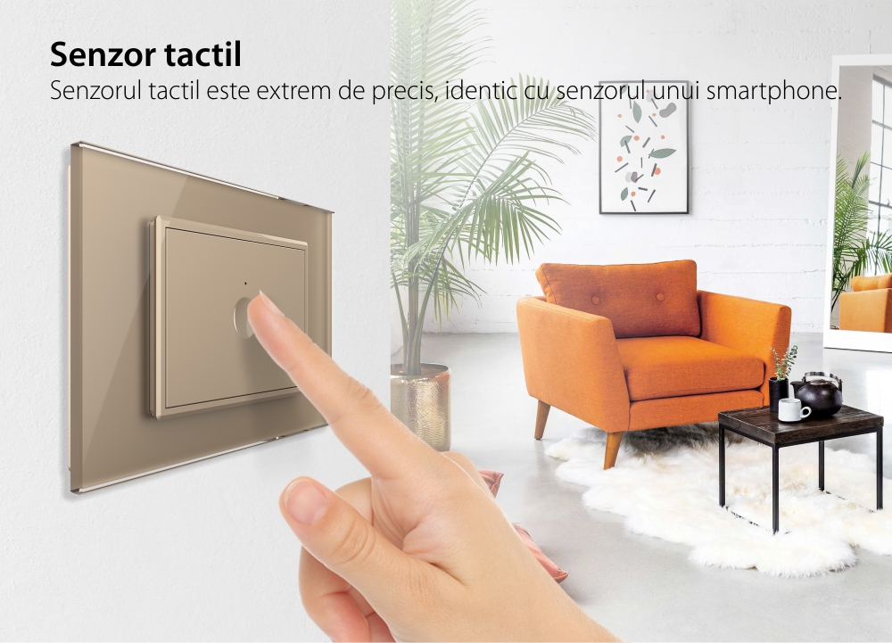 Intrerupator simplu cap scara / cap cruce wireless cu touch Livolo cu rama din sticla, standard Italian – Serie noua