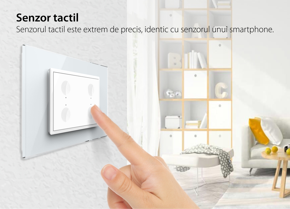 Intrerupator cvadruplu cap scara / cap cruce wireless cu touch Livolo cu rama din sticla, standard Italian – Serie noua