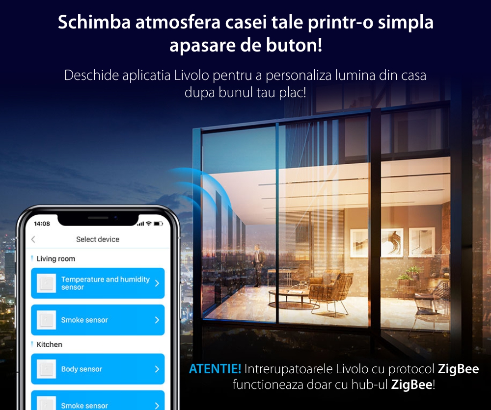 Intrerupator simplu cu touch Livolo din sticla, standard Italian, protocol ZigBee – Serie noua