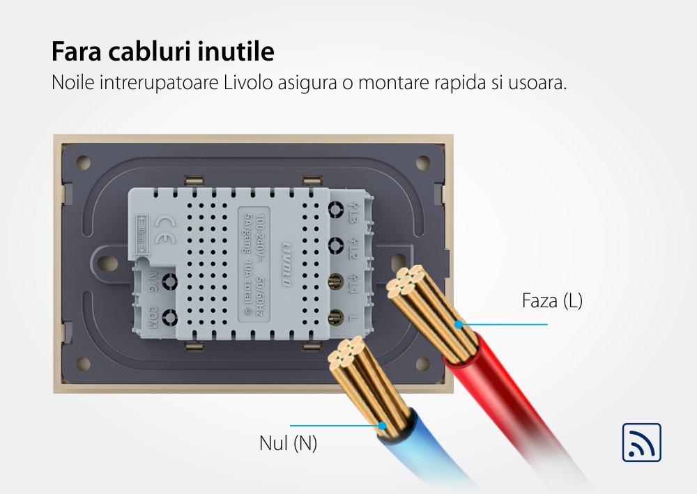Intrerupator simplu wireless cu touch Livolo cu rama din sticla, standard Italian – Serie noua