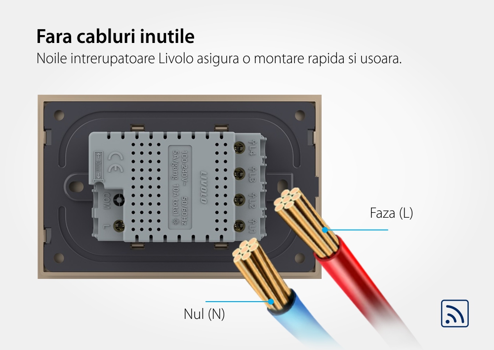 Intrerupator cvadruplu wireless cu touch Livolo cu rama din sticla, standard Italian – Serie noua