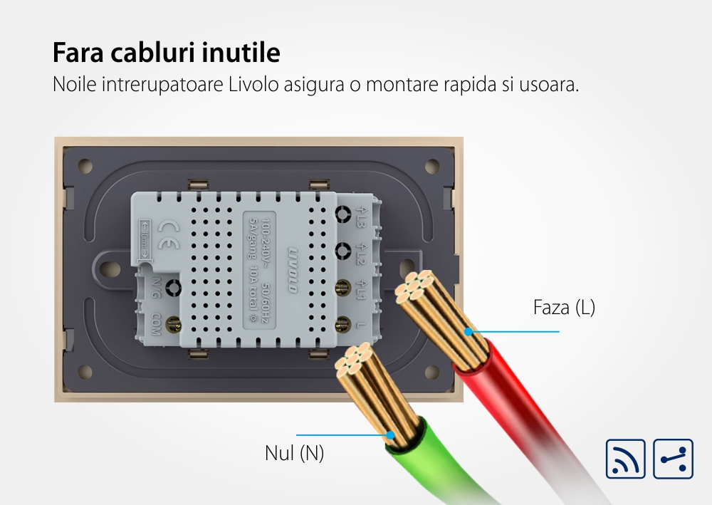 Intrerupator simplu cap scara / cap cruce wireless cu touch Livolo cu rama din sticla, standard Italian – Serie noua