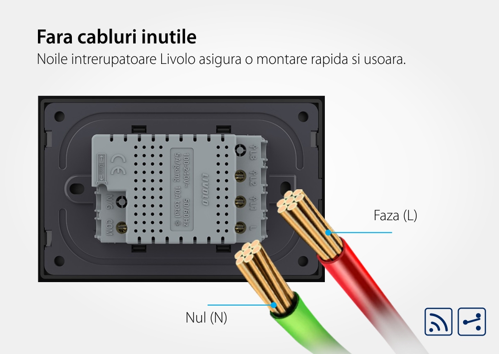 Intrerupator dublu cap scara / cap cruce wireless cu touch Livolo cu rama din sticla, standard Italian – Serie noua