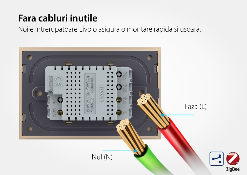 Intrerupator simplu cap scara / cap cruce cu touch Livolo cu rama din sticla, standard Italian, protocol ZigBee – Serie noua