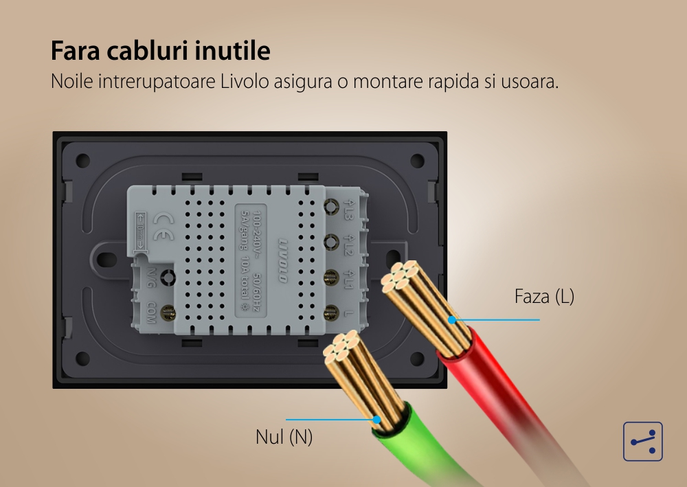 Intrerupator simplu cap scara / cap cruce cu touch Livolo din sticla, standard Italian, protocol ZigBee – Serie noua