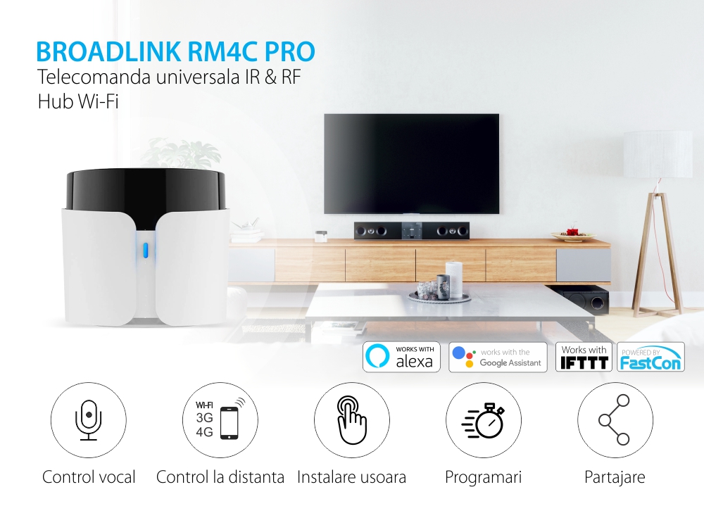 Telecomanda inteligenta BroadLink RM4C Pro, IR, Wi-Fi, Control aplicatie, Integrare cu asistenti vocali