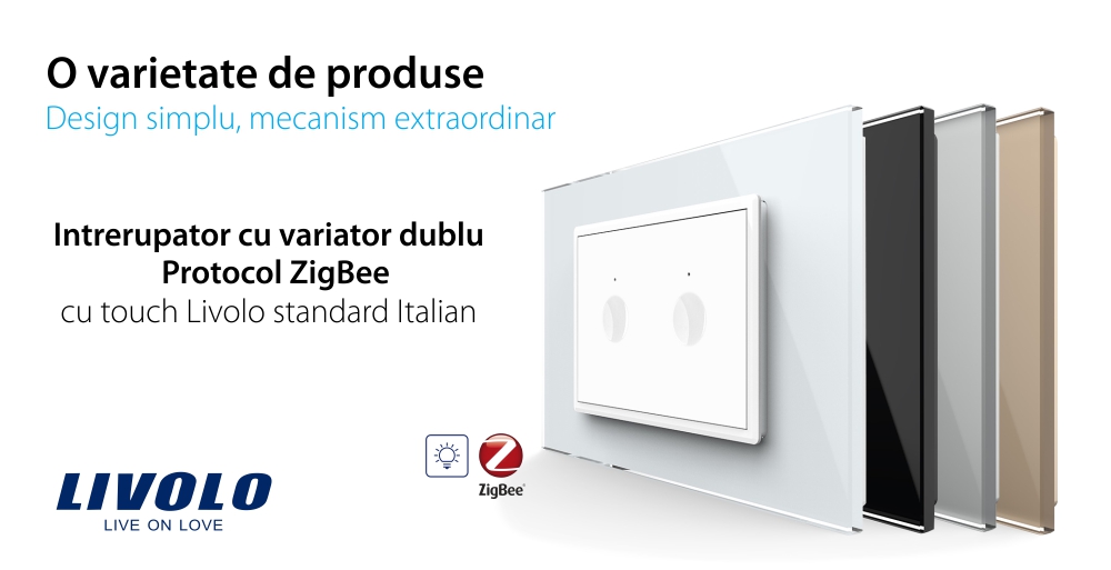 Intrerupator cu variator dublu cu touch Livolo cu rama din sticla, standard Italian, protocol ZigBee – Serie noua