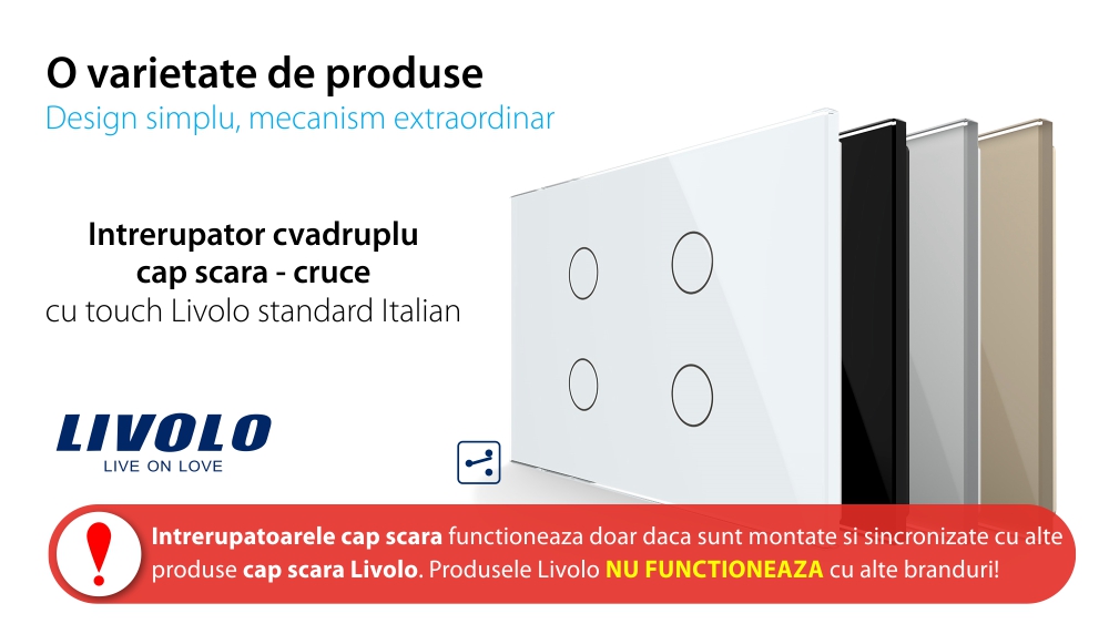 Intrerupator cvadruplu cap scara / cruce cu touch Livolo din sticla, standard Italian – Serie noua