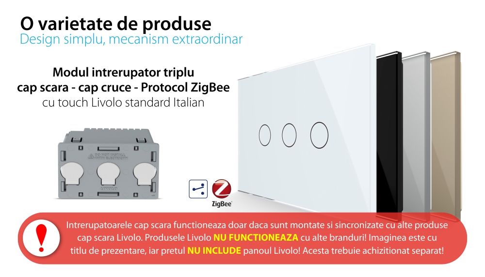 Modul intrerupator triplu cap scara / cruce cu touch Livolo, protocol ZigBee, standard Italian