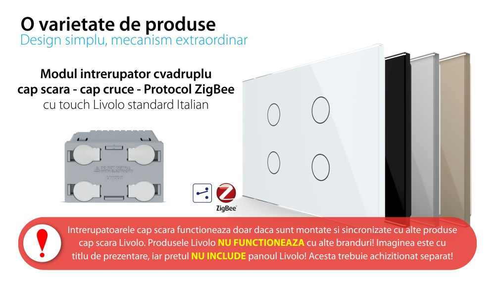 Modul intrerupator cvadruplu cap scara / cruce cu touch Livolo, protocol ZigBee, standard Italian