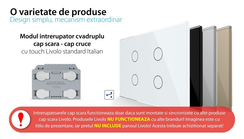 Modul intrerupator cvadruplu cap scara / cruce cu touch Livolo, standard Italian