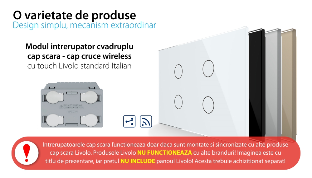 Modul intrerupator cvadruplu cap scara / cruce wireless cu touch Livolo, standard Italian