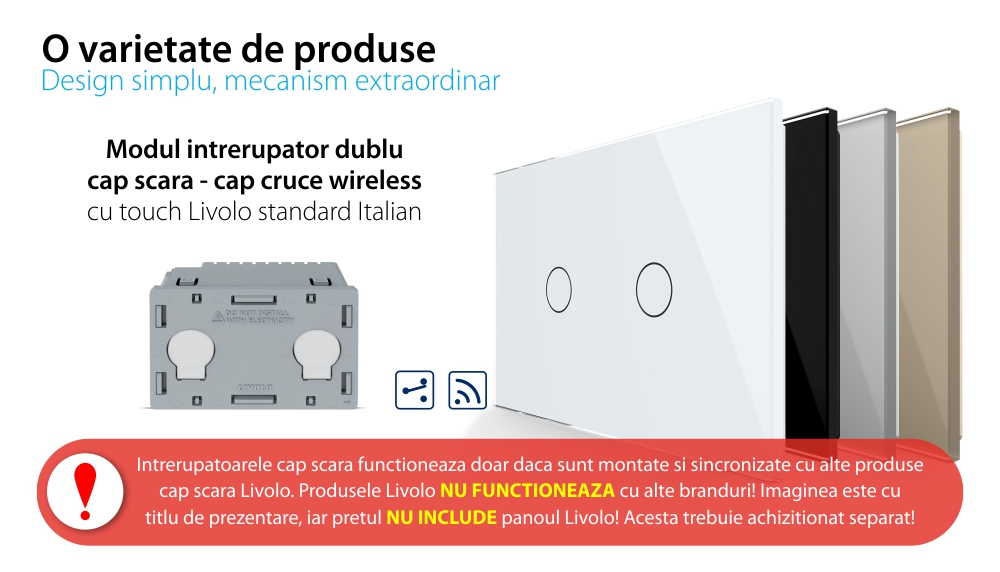 Modul intrerupator dublu cap scara / cruce wireless cu touch Livolo, standard Italian