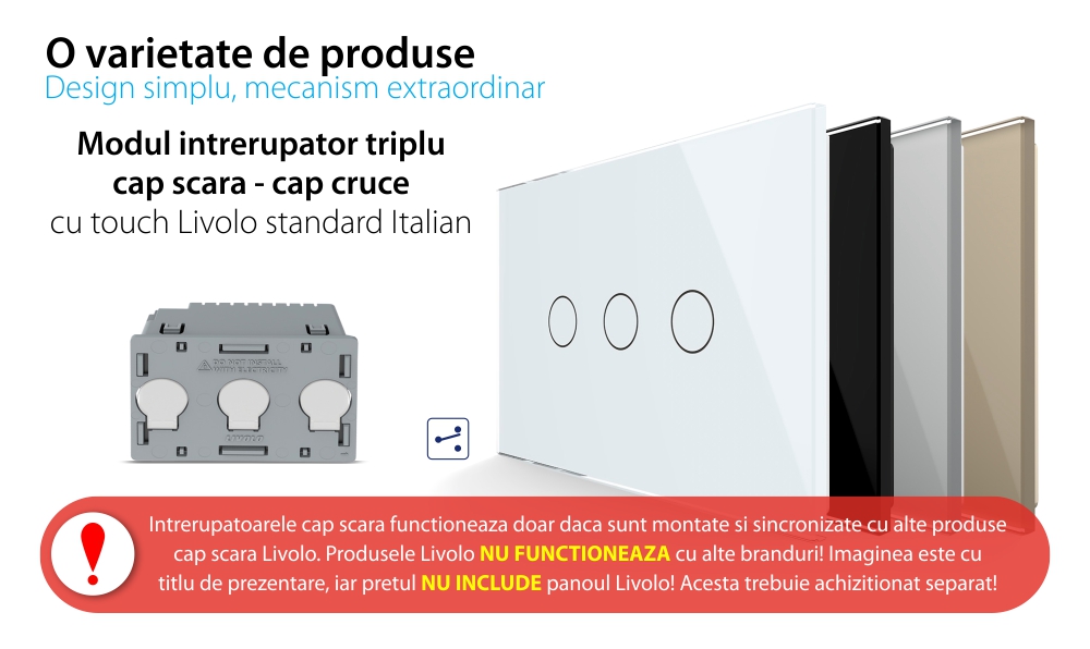 Modul intrerupator triplu cap scara / cruce cu touch Livolo standard Italian
