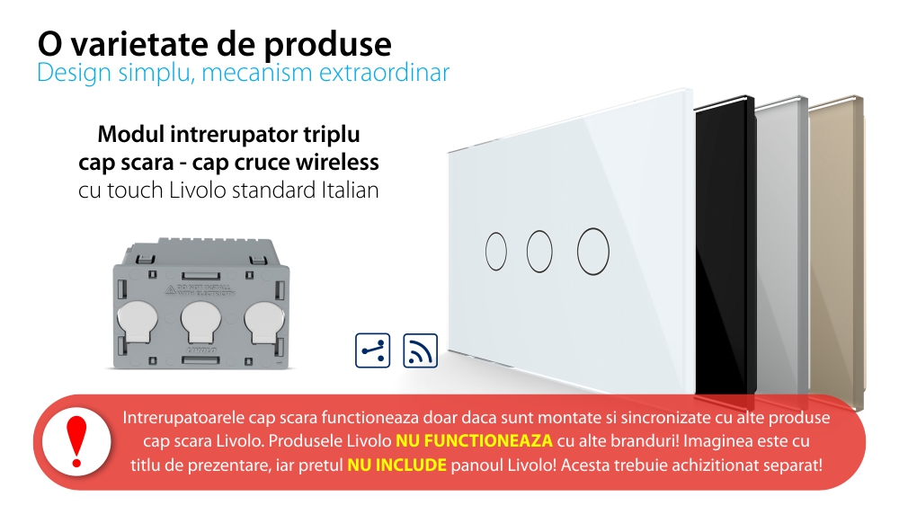 Modul intrerupator triplu cap scara / cruce wireless cu touch Livolo, standard Italian