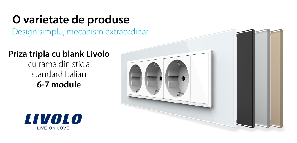 Priza tripla cu blank Livolo cu rama din sticla 6/7 module – standard Italian