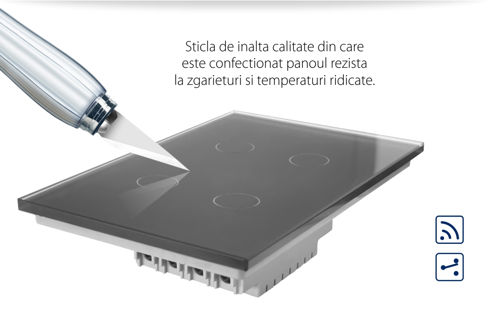 Intrerupator cvadruplu cap scara / cruce wireless cu touch Livolo din sticla, standard Italian – Serie noua