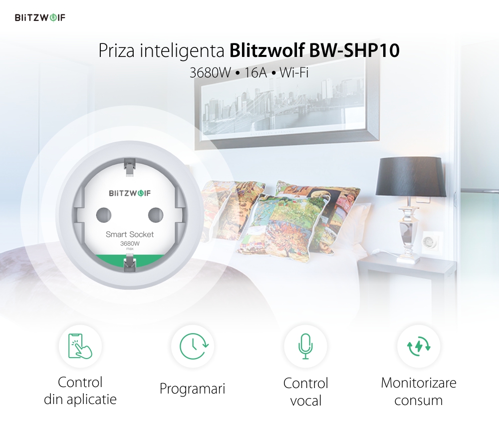 Priza inteligenta BlitzWolf BW-SHP10, Control aplicatie, Wi-Fi, 16A, 3680 W