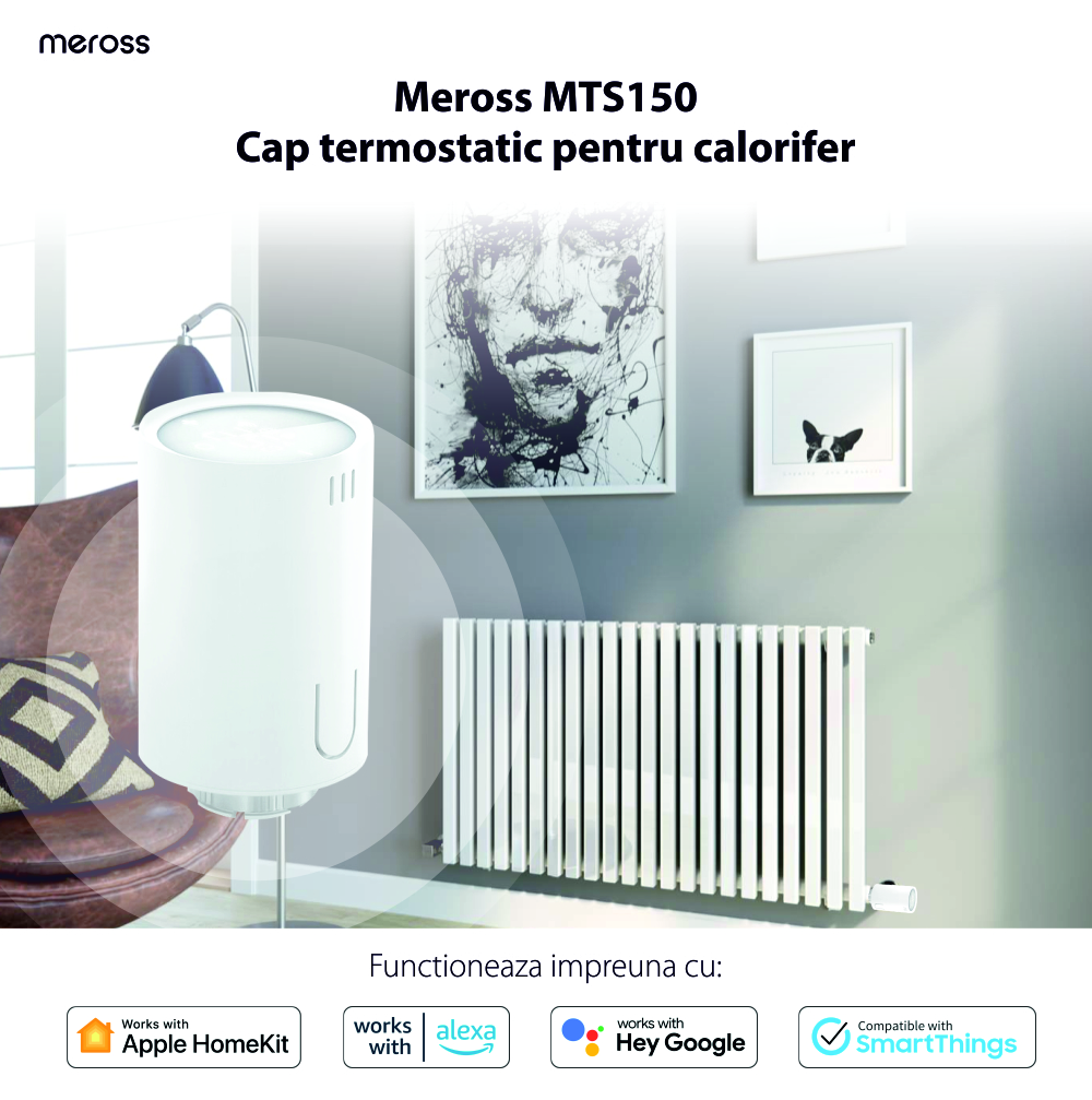 Cap termostatic inteligent pentru calorifer Meross MTS150, Control aplicatie, Wi-Fi