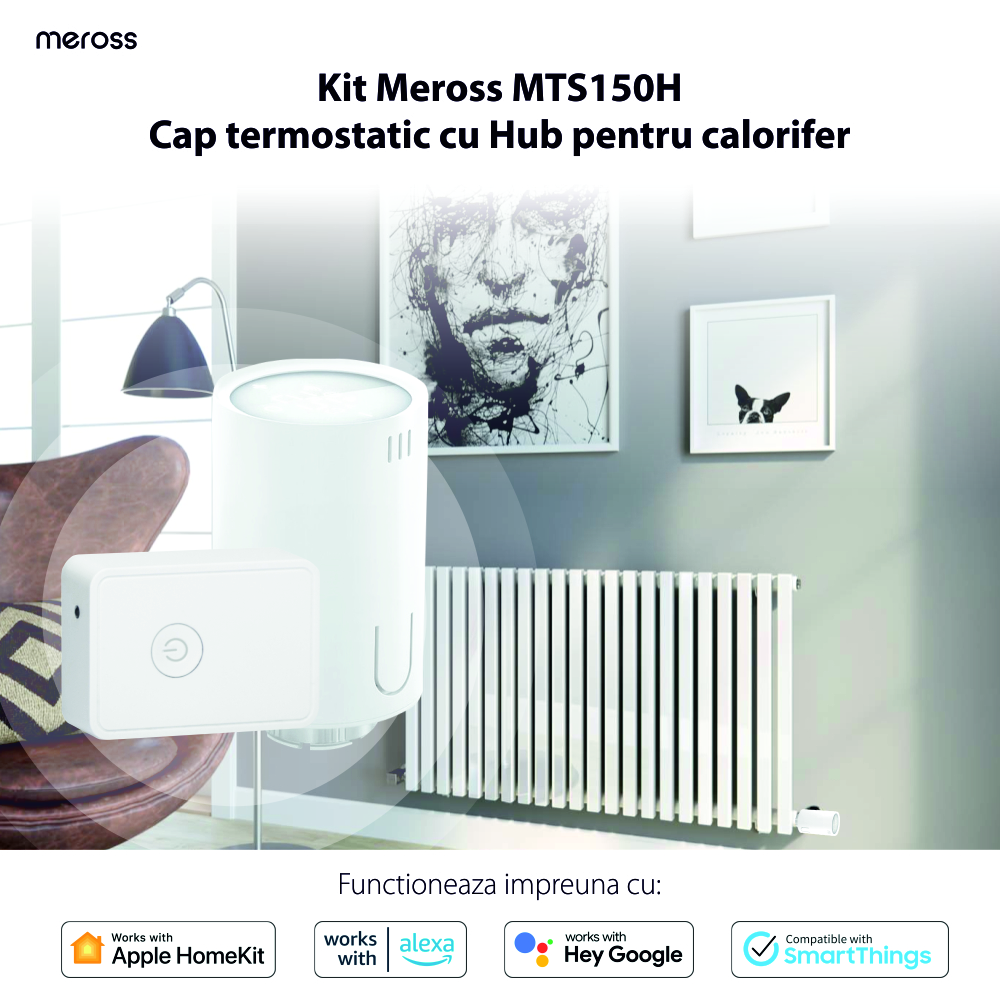Kit cap termostatic cu hub pentru calorifer Meross MTS150H, Control aplicatie, Wi-Fi – Resigilat