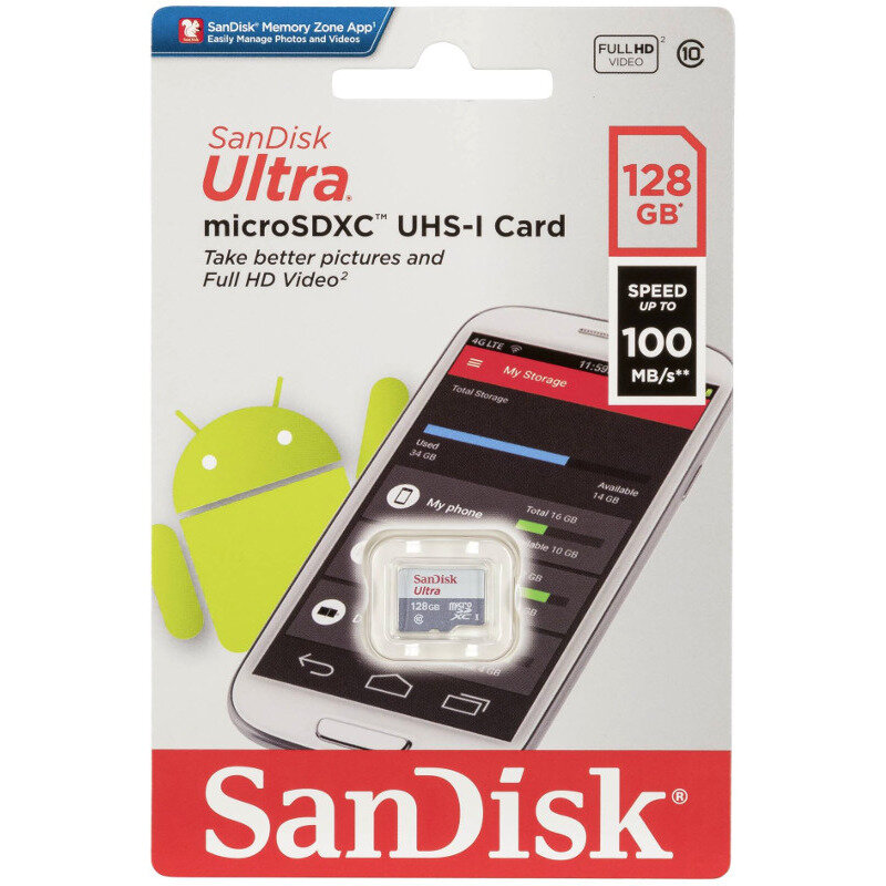 Card de memorie MicroSD SanDisk, Memorie 128 GB, 100 MB / S, Standard UHS-I