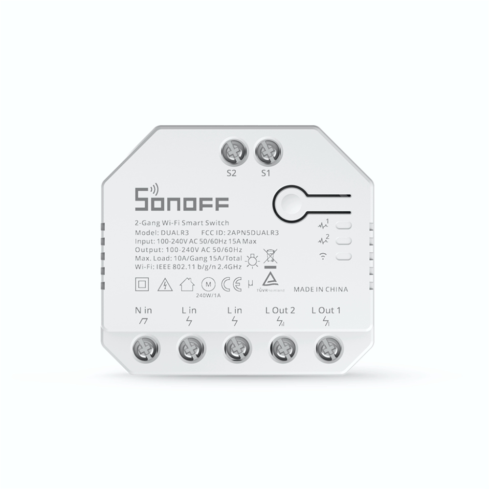 Releu Sonoff Dual R3 cu 2 canale, Programari, Wi-Fi 2.4 GHz, Contor energie