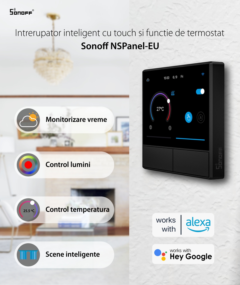 Intrerupator inteligent cu touch si functie termostat Sonoff NS Panel