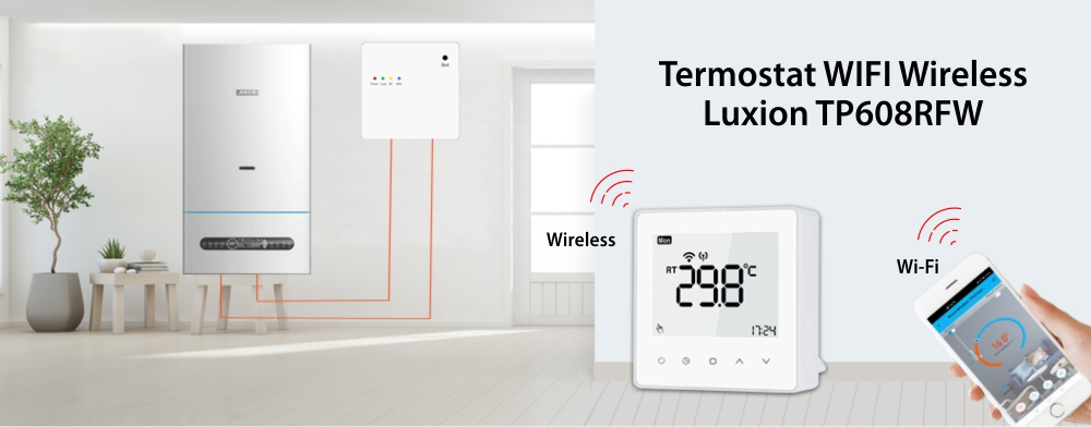 Termostat Wi-Fi Luxion TP608RFW cu receiver pentru centrala termica pe gaz sau electrica, Smart, Programari, Control aplicatie