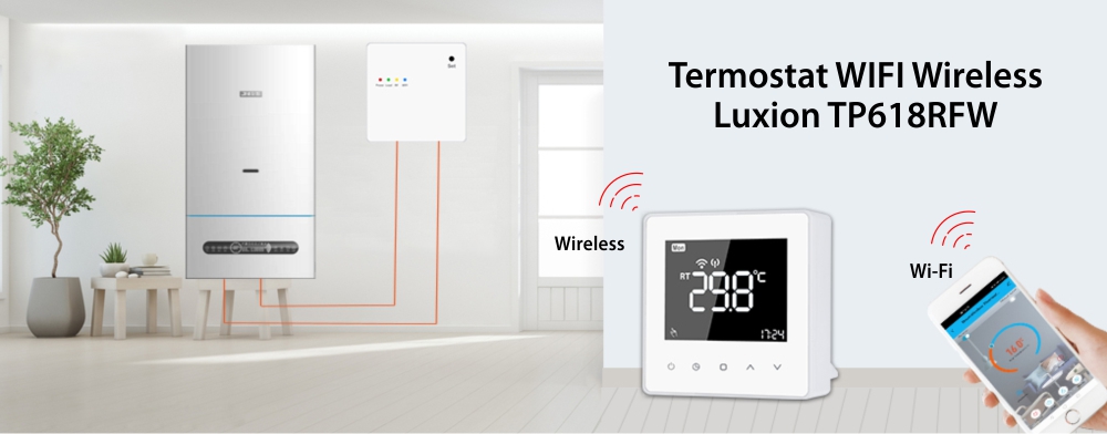 Termostat Wi-Fi Luxion TP618RFW cu receiver pentru centrala termica pe gaz sau electrica, Smart, Programari, Control aplicatie