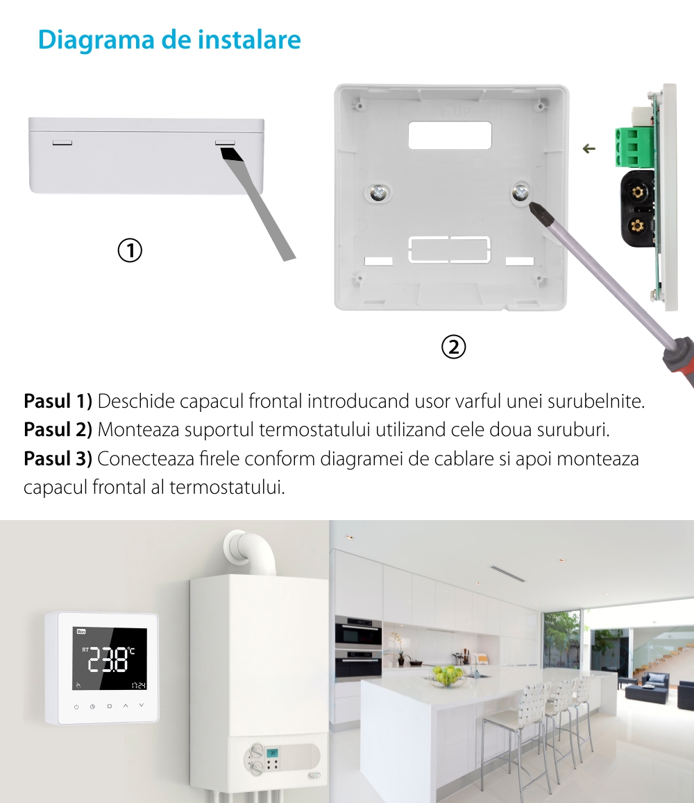 Termostat cu fir Luxion TP618 pentru centrala termica pe gaz sau electrica, Display LCD, Memorare