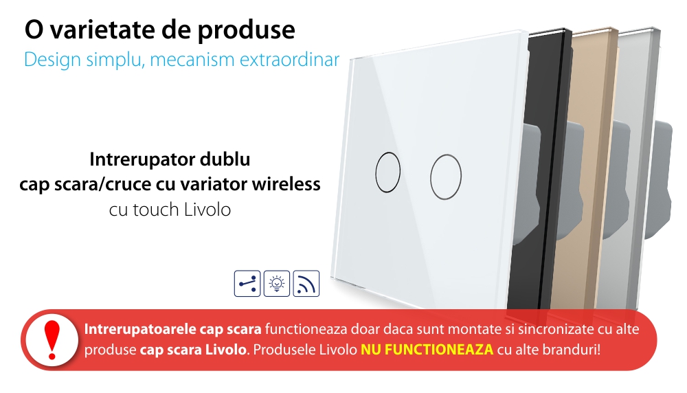Intrerupator Dublu Cap Scara / Cruce cu Variator, Wireless si Touch LIVOLO – Serie Noua