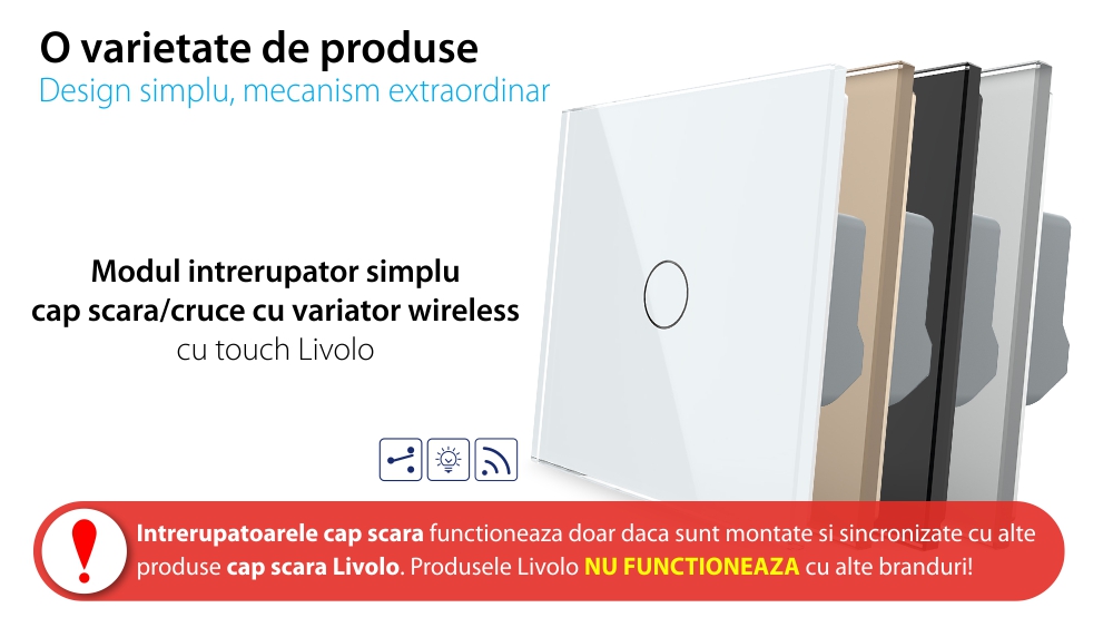 Intrerupator Simplu Cap Scara / Cruce cu Variator, Wireless si Touch LIVOLO – Serie Noua
