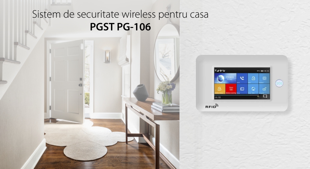 Kit sistem de securitate cu alarma PGST PG-106, Conexiune Wi-Fi &  GSM, Control vocal, Display 4.3 inch