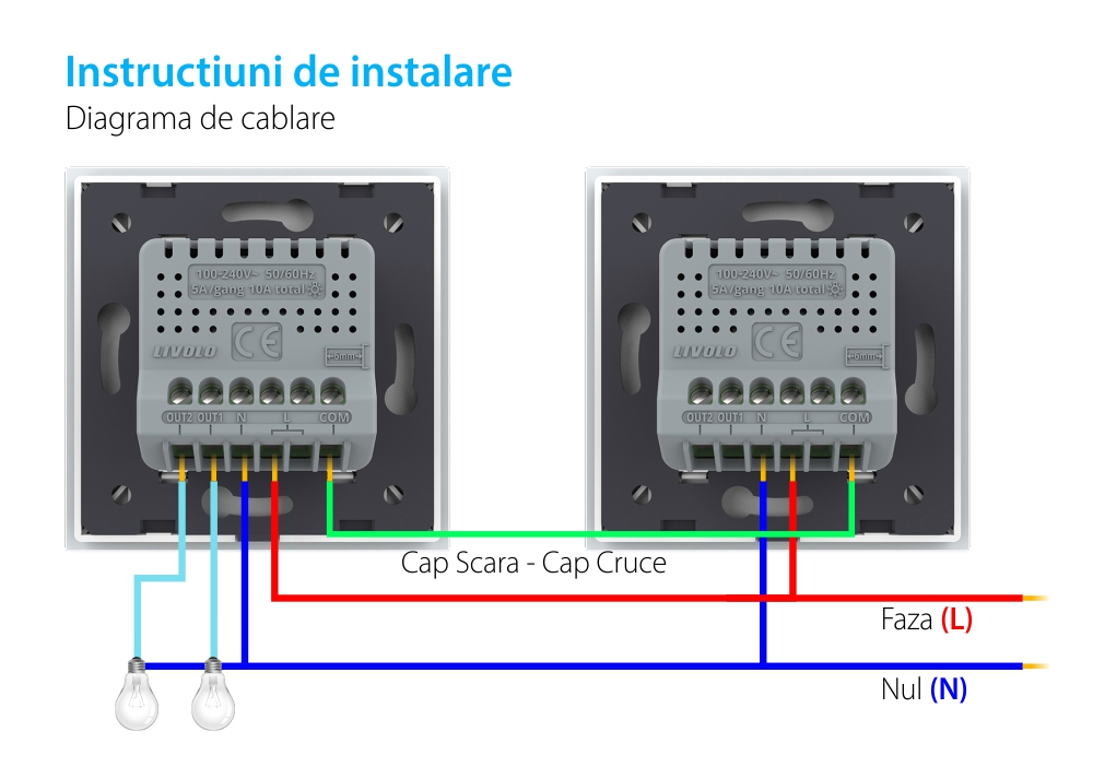 Modul Intrerupator Dublu Cap Scara / Cruce Wi-Fi cu Touch LIVOLO – Serie Noua, Alb