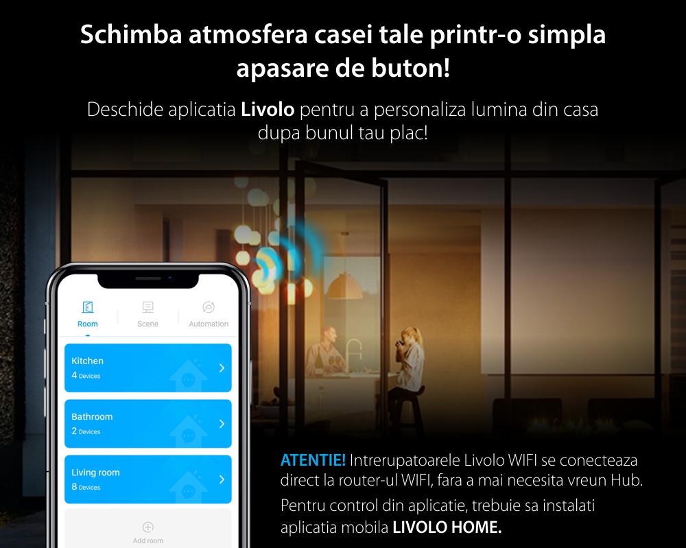 Intrerupator Dublu Wi-Fi cu Touch LIVOLO cu Rama din Sticla – Serie Noua