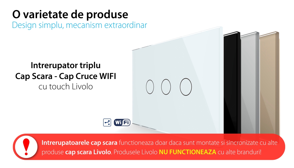 Intrerupator Triplu Cap Scara / Cruce Wi-Fi cu Touch LIVOLO, standard italian – Serie Noua