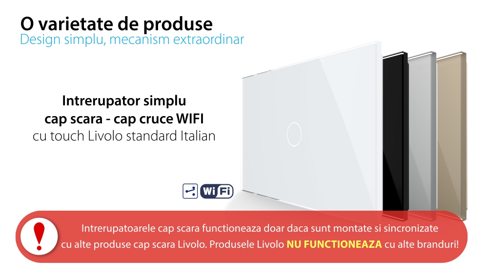 Intrerupator Simplu Cap Scara / Cruce Wi-Fi cu Touch LIVOLO, standard italian – Serie Noua