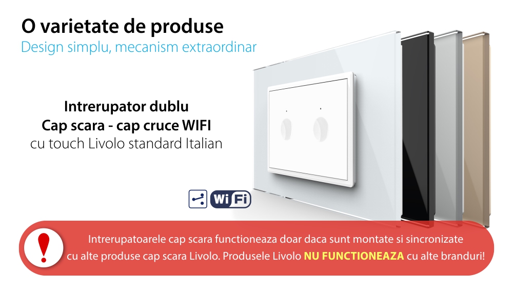 Intrerupator Dublu Cap Scara / Cruce Wi-Fi cu Touch LIVOLO cu rama din sticla, standard italian – Serie Noua, Alb