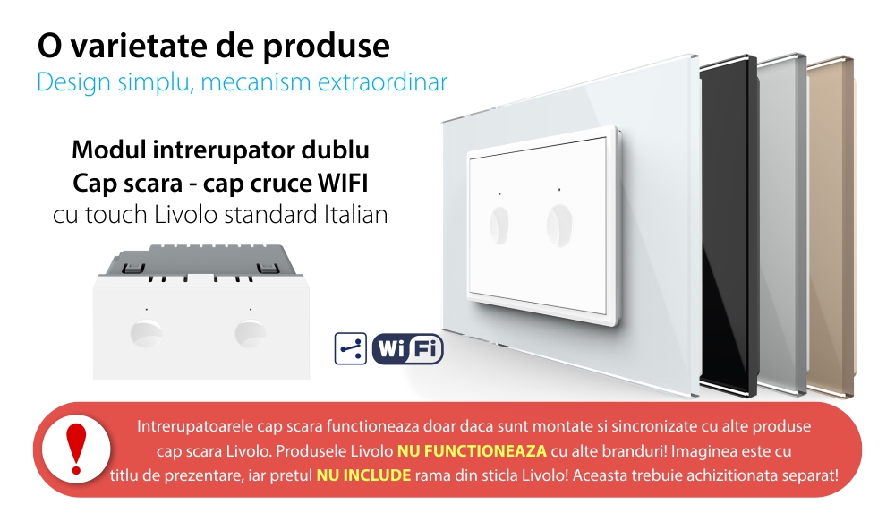 Modul Intrerupator Dublu Cap Scara / Cruce Wi-Fi cu Touch LIVOLO, standard italian – Serie Noua, Alb