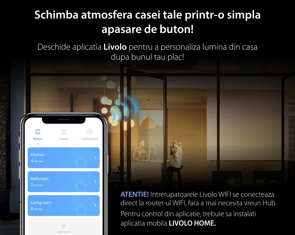 Intrerupator Dublu Cap Scara / Cruce Wi-Fi cu Touch LIVOLO cu rama din sticla, standard italian – Serie Noua, Alb