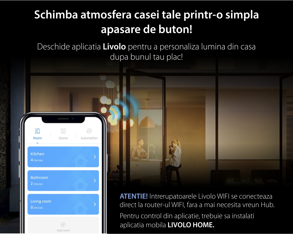 Intrerupator Simplu Cap Scara / Cruce Wi-Fi cu Touch LIVOLO cu Rama din Sticla, standard italian – Serie Noua