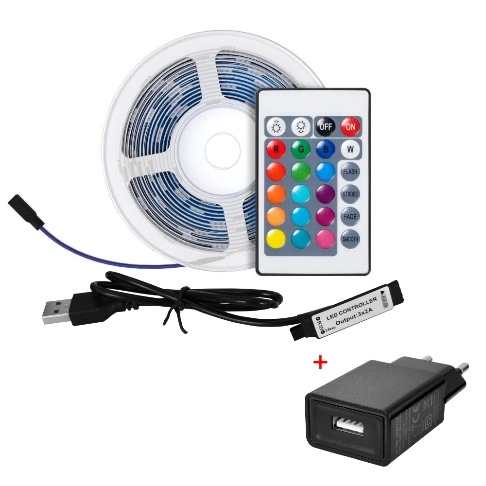 Pachet banda LED BroadLink + Adaptor, Lungime 3m, Aplicatie, Control vocal, Telecomanda 3m