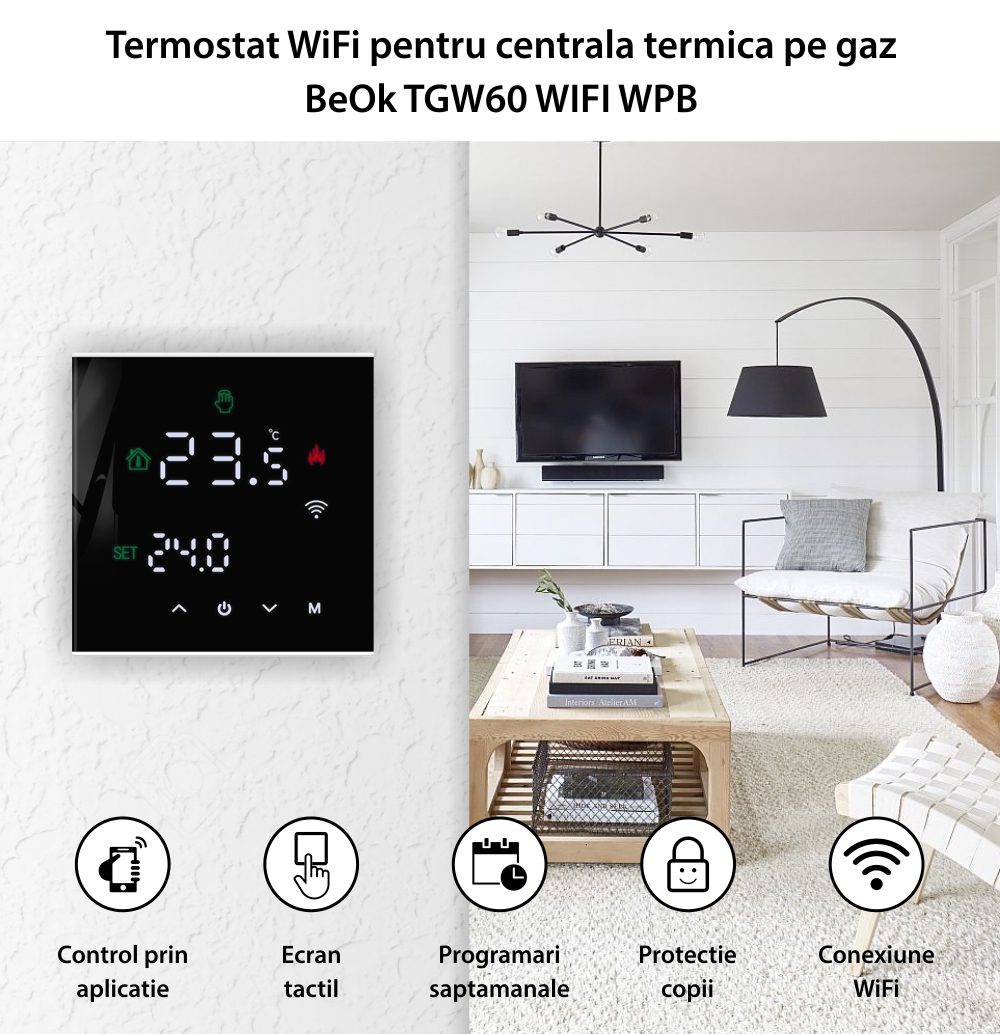 Termostat Wi-Fi pentru incalzirea termica pe gaz BeOk TGW60-WIFI-WPB