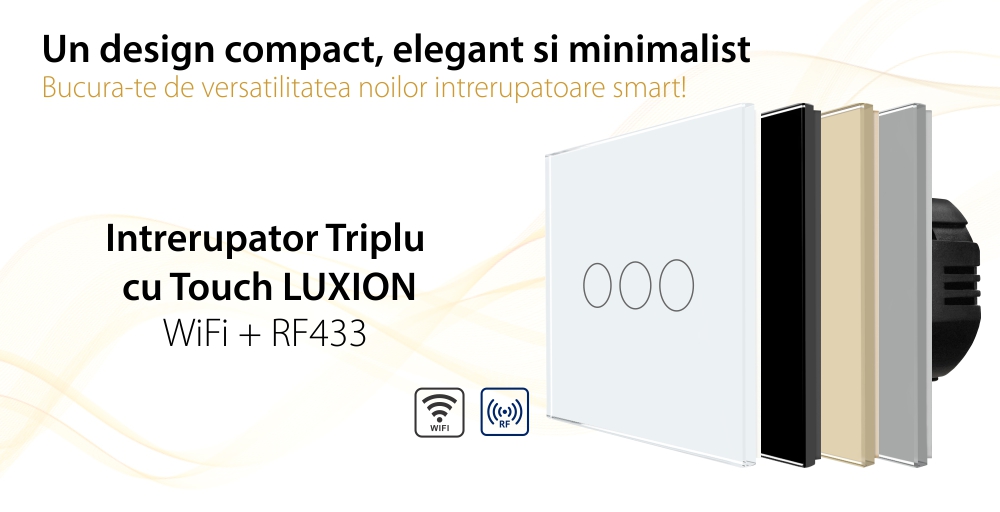 Intrerupator Triplu Wi-Fi + RF433 cu Touch din Sticla LUXION