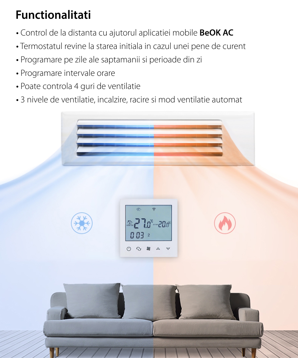 Termostat pentru aer conditionat Beok TDS21WIFI-AC4, Programare, Control aplicatie