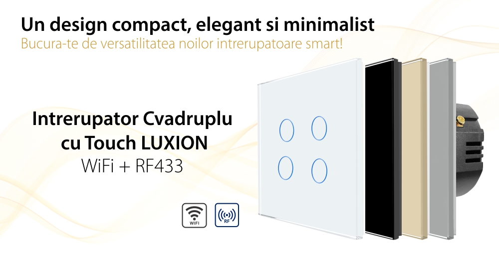 Intrerupator Cvadruplu Wi-Fi + RF433 cu Touch din Sticla LUXION
