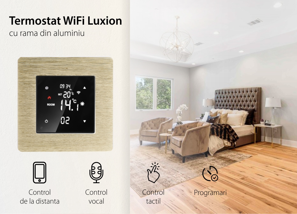 Termostat Wi-Fi pentru incalzirea electrica LUXION cu Rama din Aluminiu